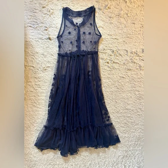 Free People Intimately Maxi Button Front Mesh Slip Dress w/ Collar Sz Small Navy - Picture 10 of 10